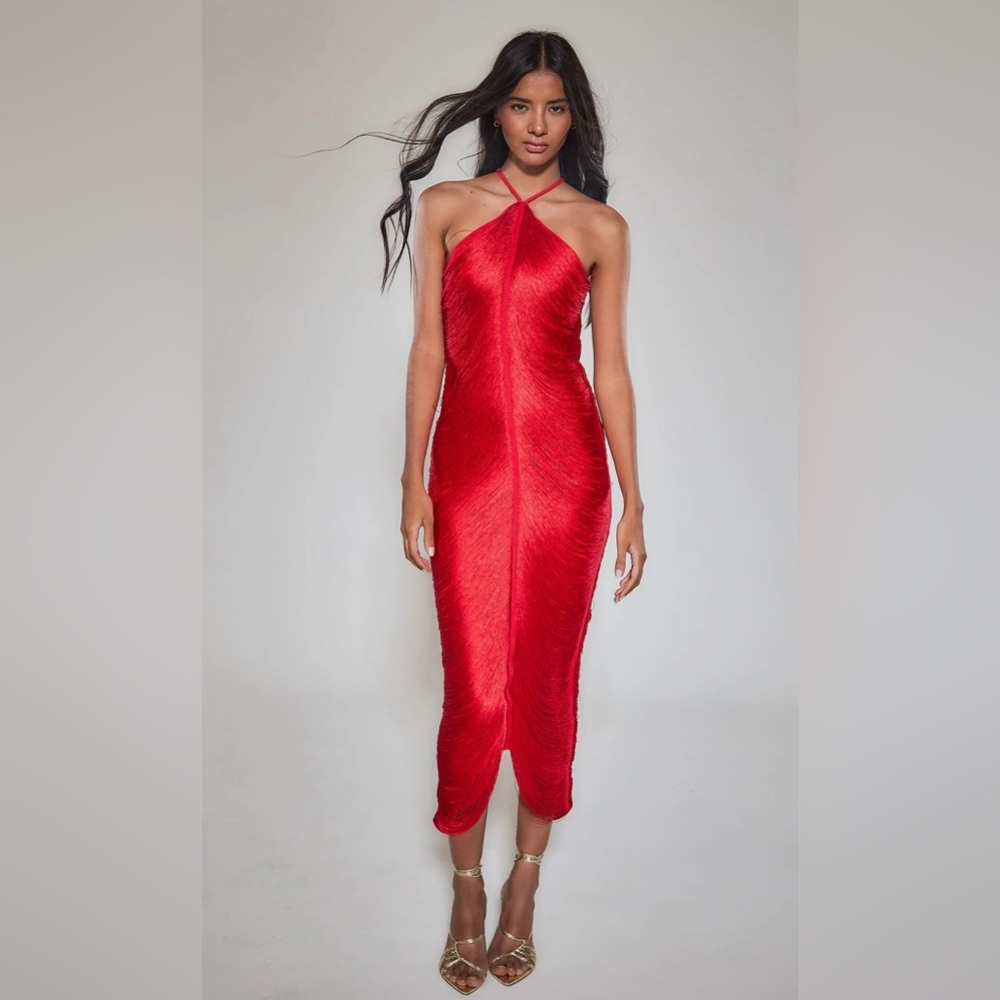 Red fringe halter maxi dress